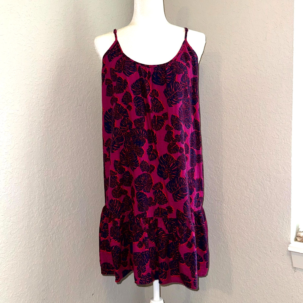 Loft Drop Waist Dress Women's Medium Magenta Tropical Leaf Print Tropical